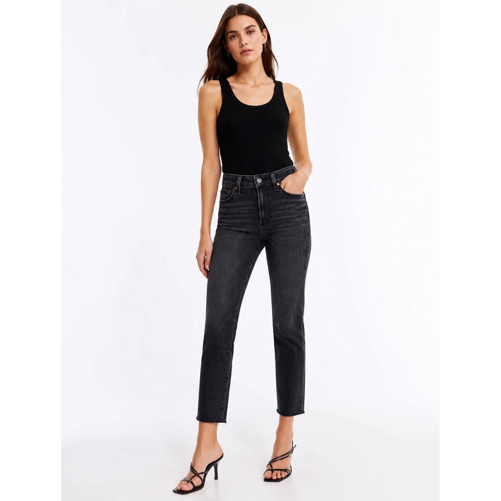 PAIGE Cindy High Rise Straight Ankle Jeans Antique Black Raw Hem‎ 23 NEW